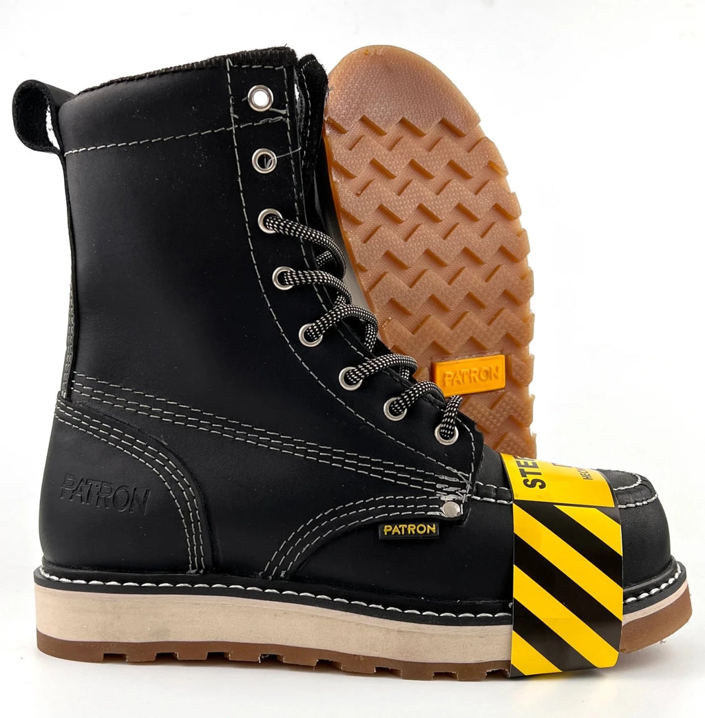 Patron Men’s Lace-Up Work Boots, Leather with Steel Toe and Wedge Sole, Moc Steel Toe - Black - OriginalWestern.com