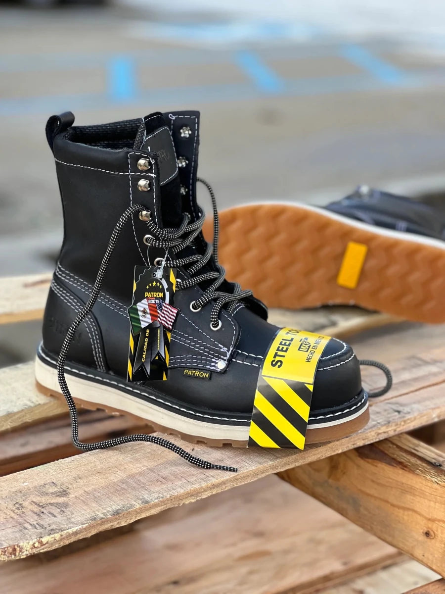 Patron Men’s Lace-Up Work Boots, Leather with Steel Toe and Wedge Sole, Moc Steel Toe - Black - OriginalWestern.com
