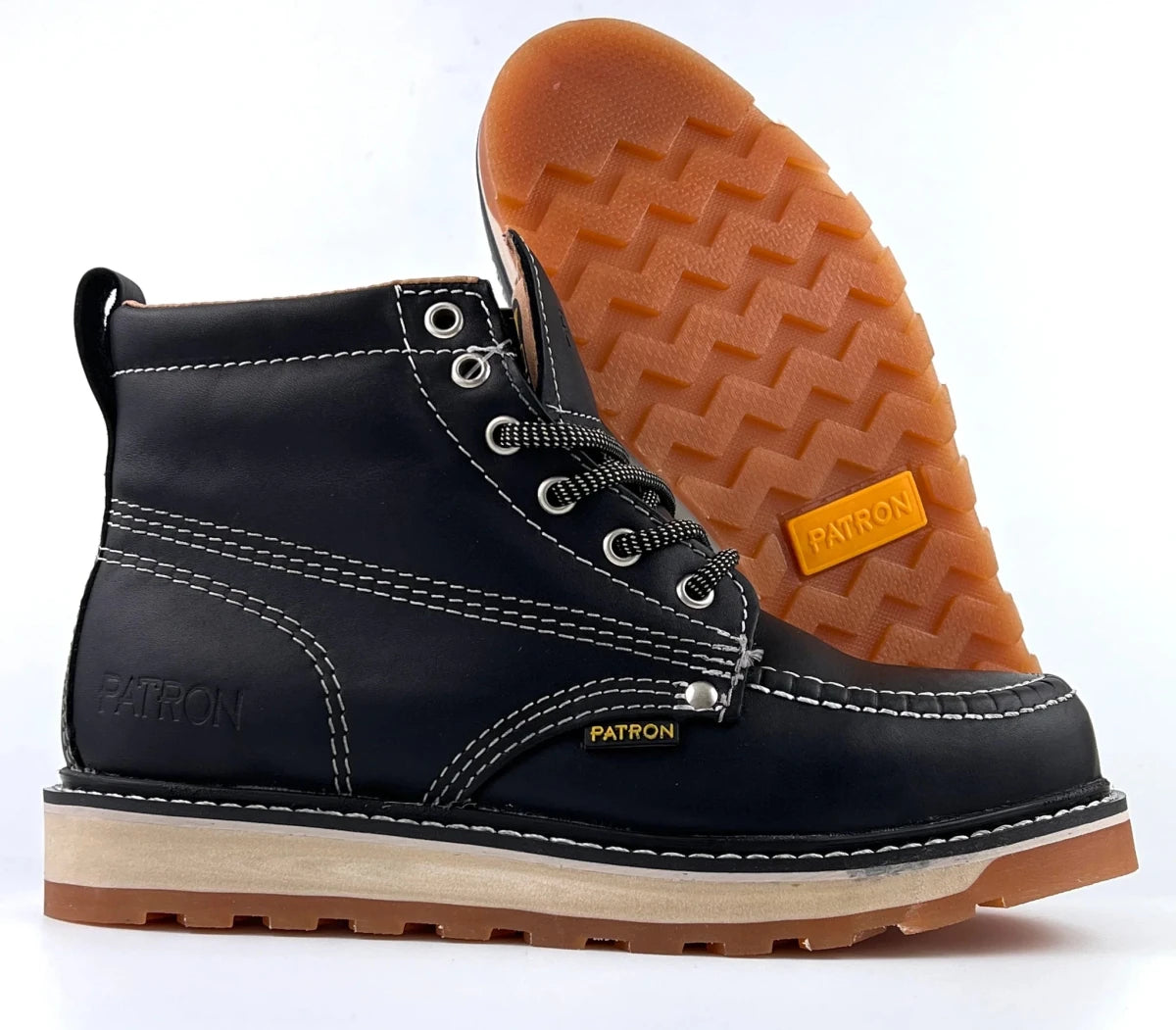 Patron Men’s Lace-Up Work Boots, Leather with Tan Wedge Sole, Moc Toe - Black - OriginalWestern.com