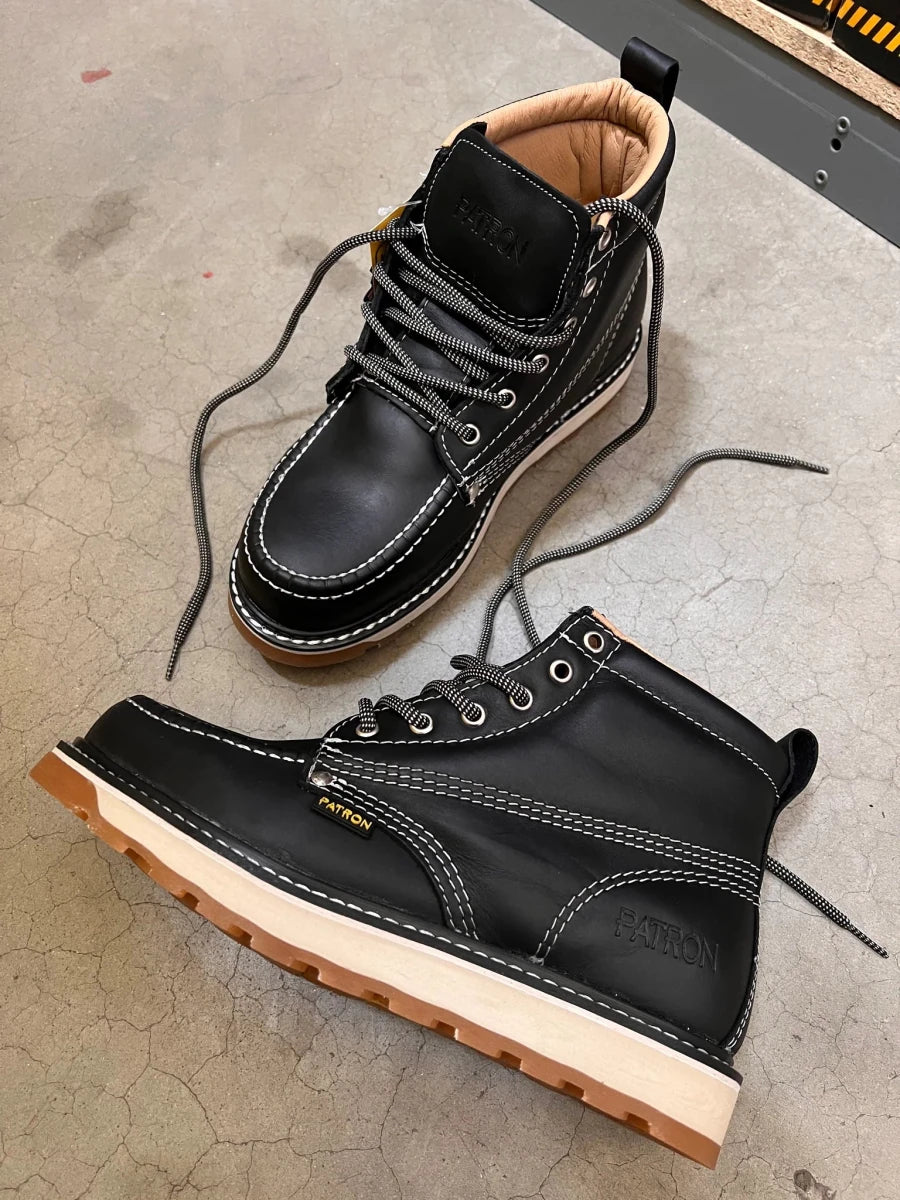 Patron Men’s Lace-Up Work Boots, Leather with Tan Wedge Sole, Moc Toe - Black - OriginalWestern.com