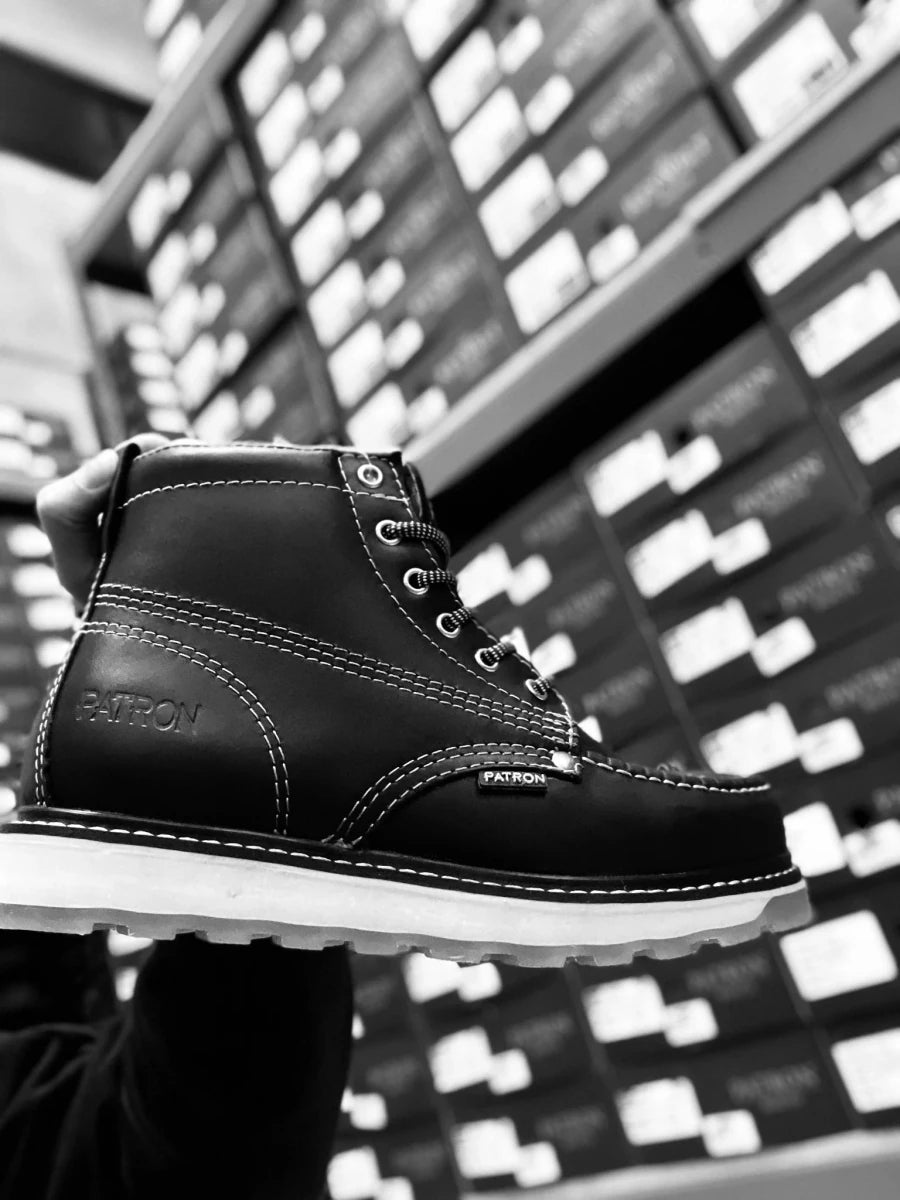 Patron Men’s Lace-Up Work Boots, Leather with Tan Wedge Sole, Moc Toe - Black - OriginalWestern.com