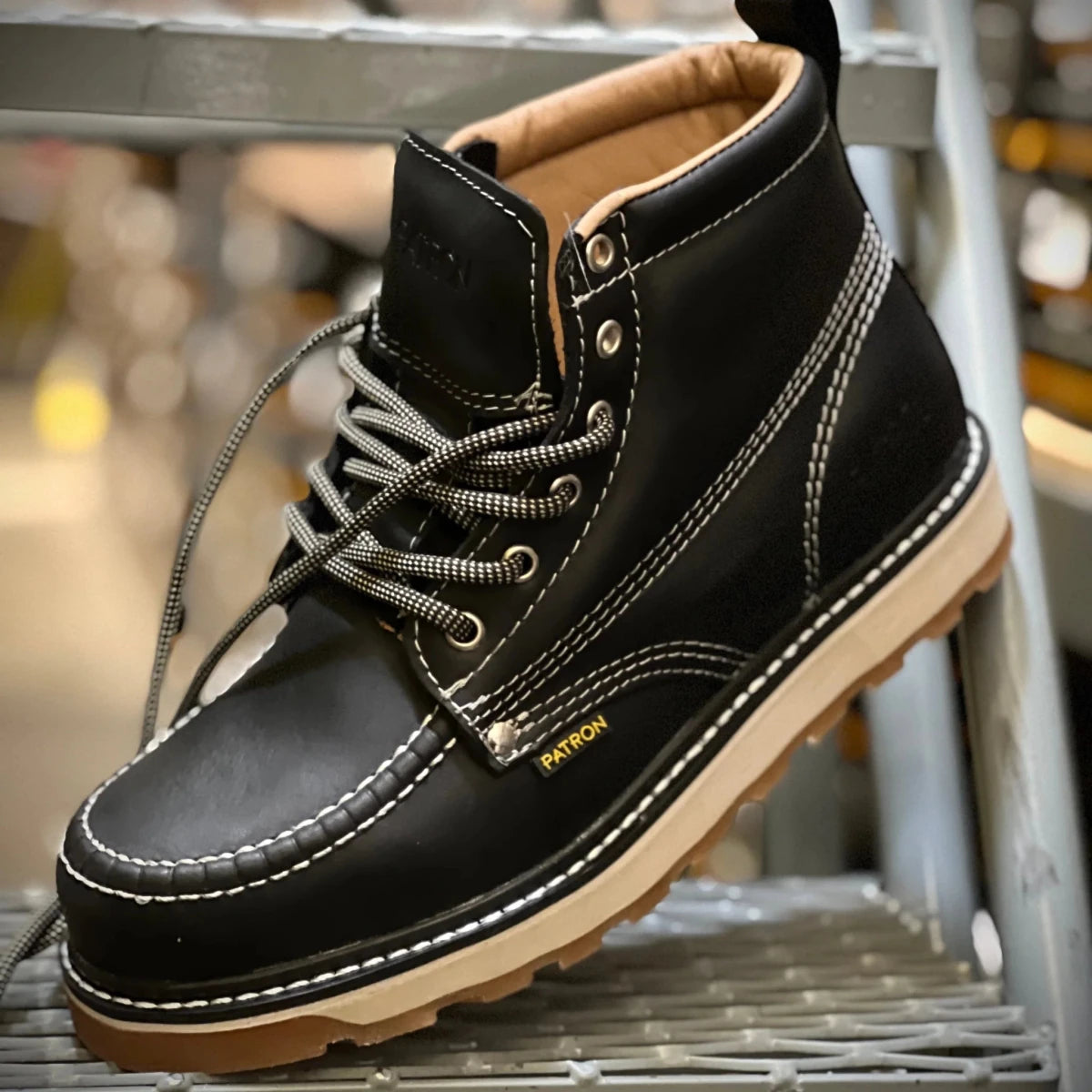 Patron Men’s Lace-Up Work Boots, Leather with Tan Wedge Sole, Moc Toe - Black - OriginalWestern.com