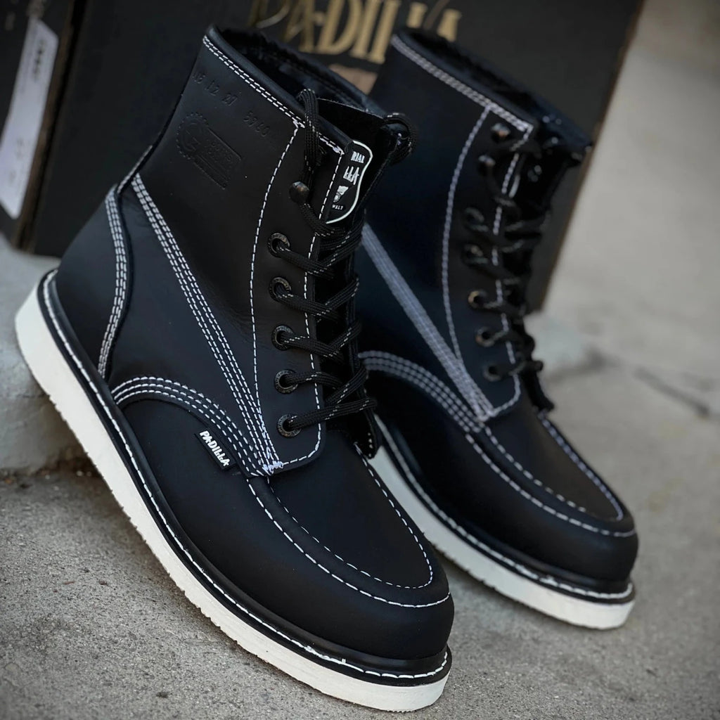 Patron Men’s Lace-Up Work Boots, Leather with Wedge Sole, Moc Toe - Black - OriginalWestern.com