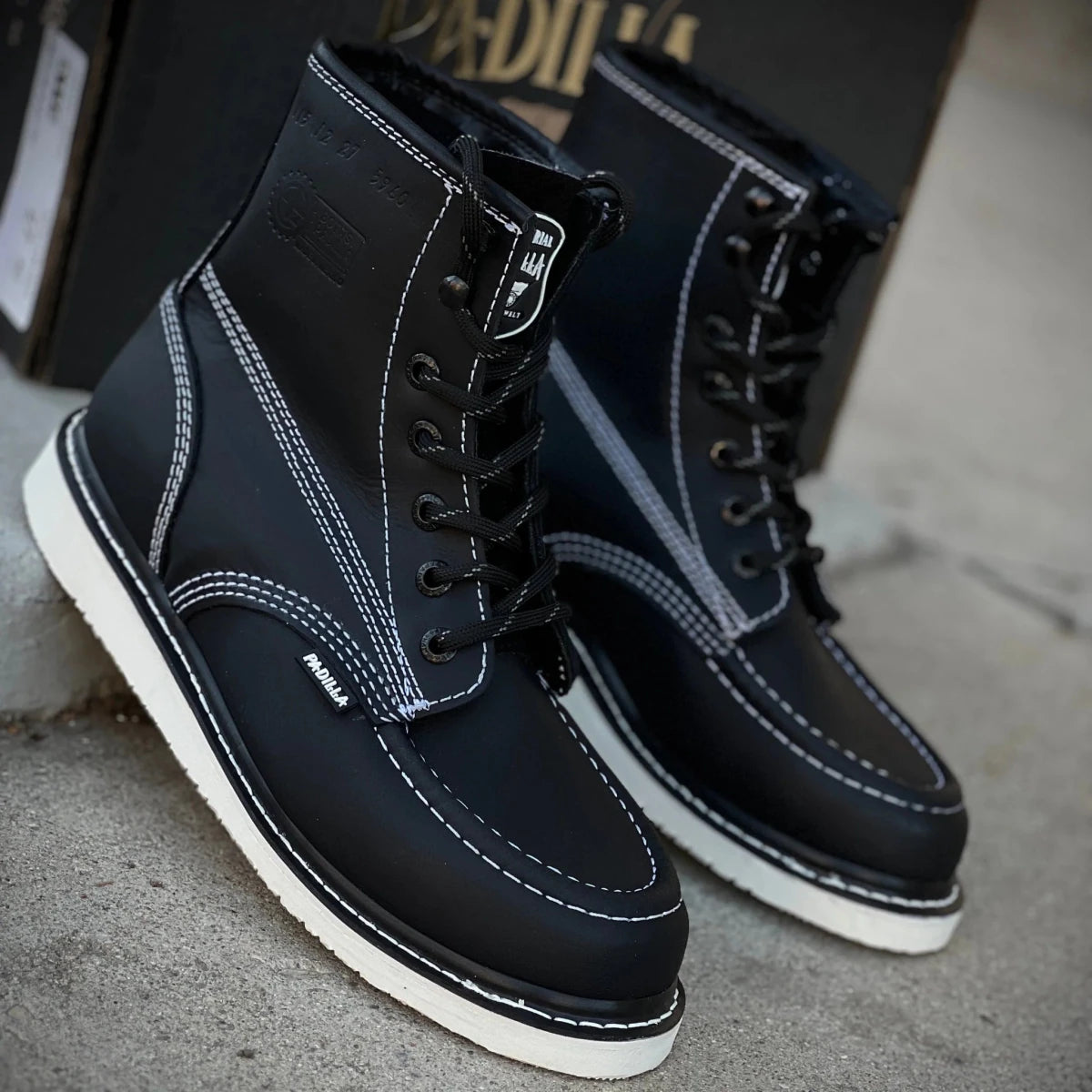 Patron Men’s Lace-Up Work Boots, Leather with Wedge Sole, Moc Toe - Black - OriginalWestern.com