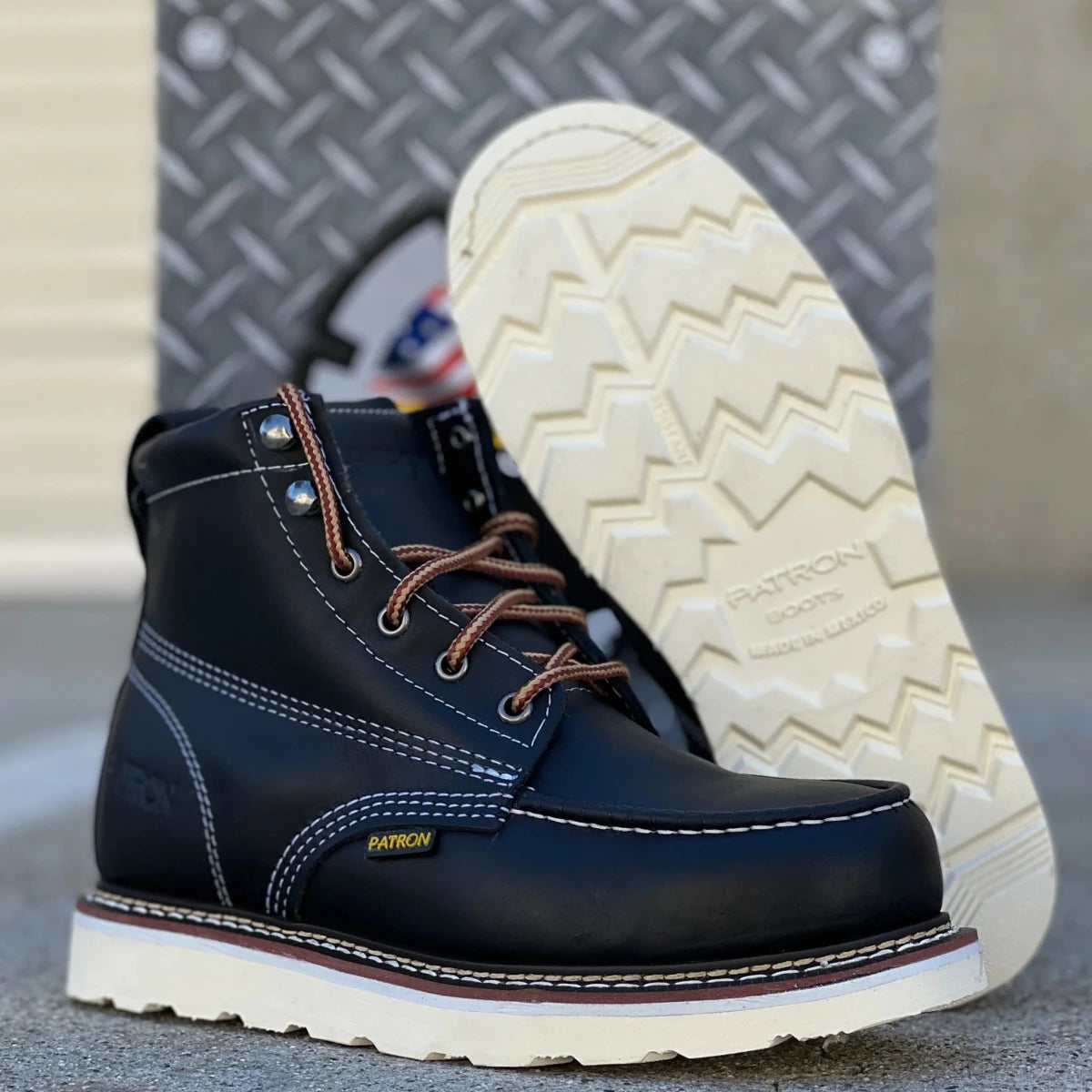 Patron Men’s Lace-Up Work Boots, Leather with Wedge Sole, Moc Toe - Black - OriginalWestern.com