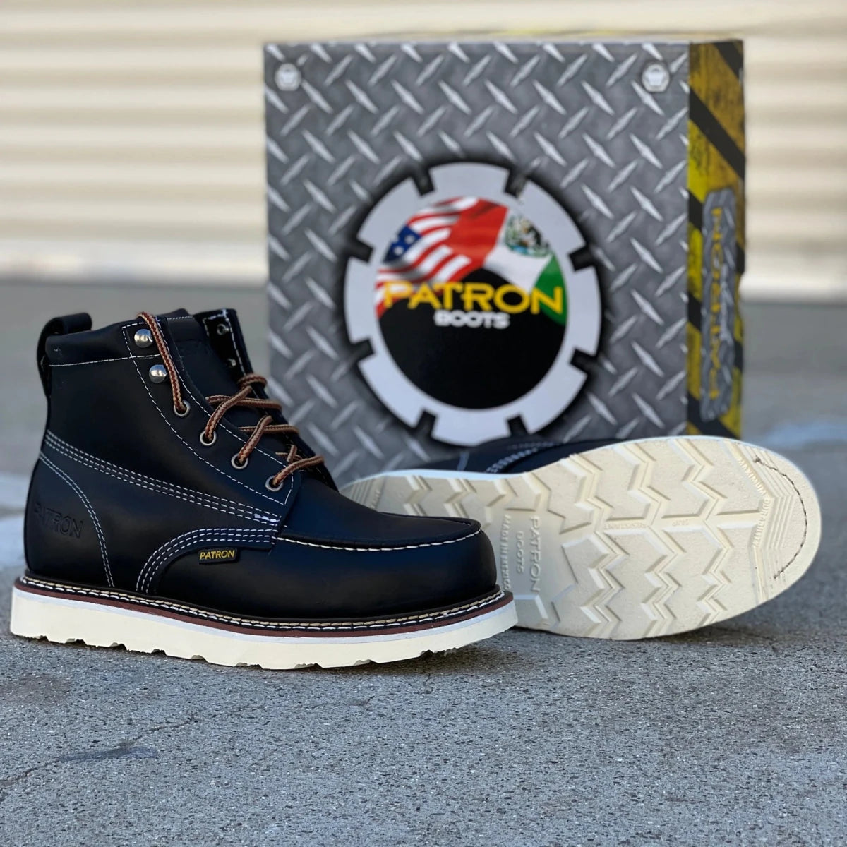Patron Men’s Lace-Up Work Boots, Leather with Wedge Sole, Moc Toe - Black - OriginalWestern.com