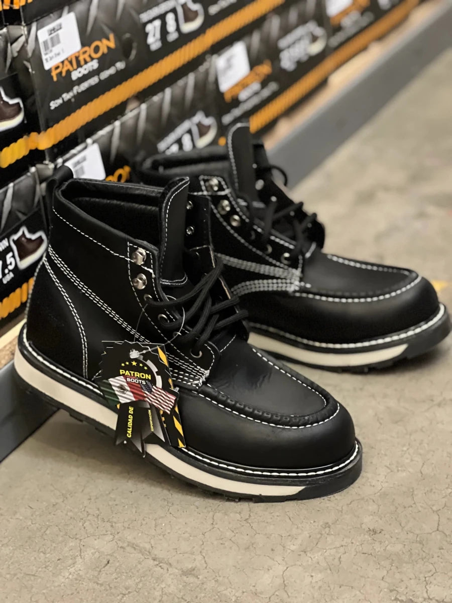 Patron Men’s Lace-Up Work Boots, Leather with Wedge Sole, Moc Toe - Black - OriginalWestern.com