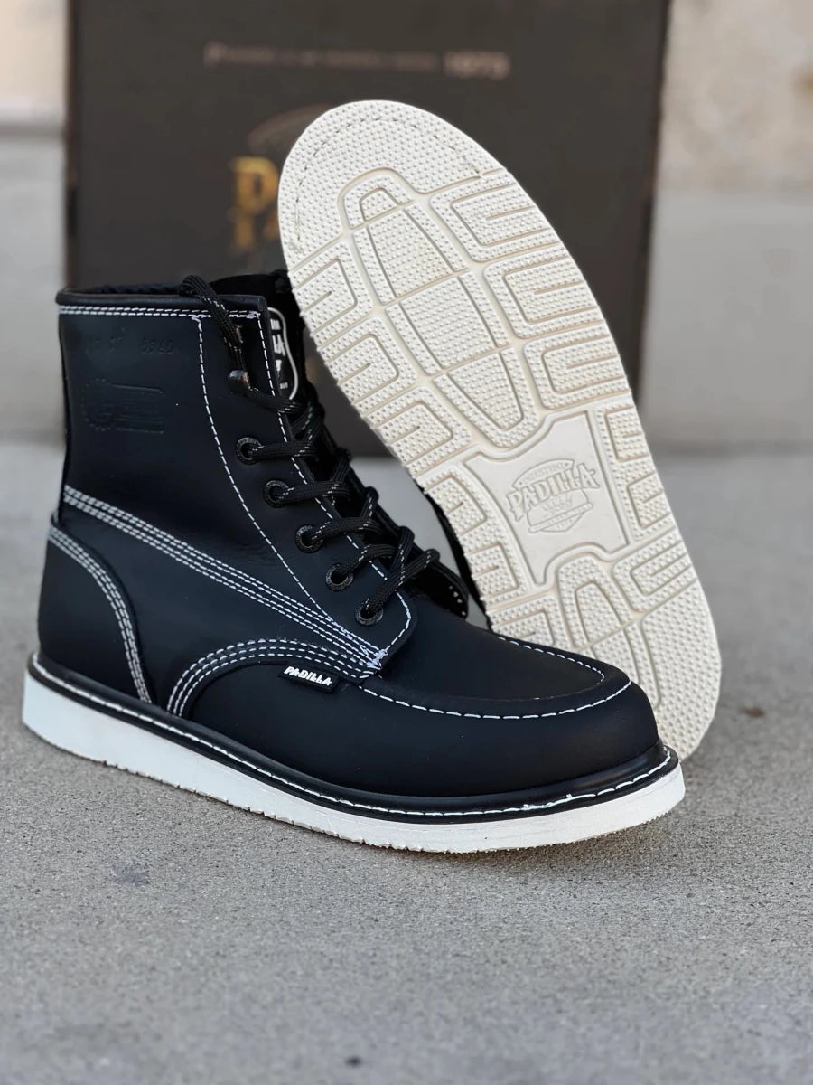 Patron Men’s Lace-Up Work Boots, Leather with Wedge Sole, Moc Toe - Black - OriginalWestern.com