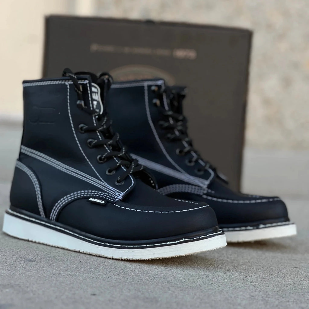 Patron Men’s Lace-Up Work Boots, Leather with Wedge Sole, Moc Toe - Black - OriginalWestern.com