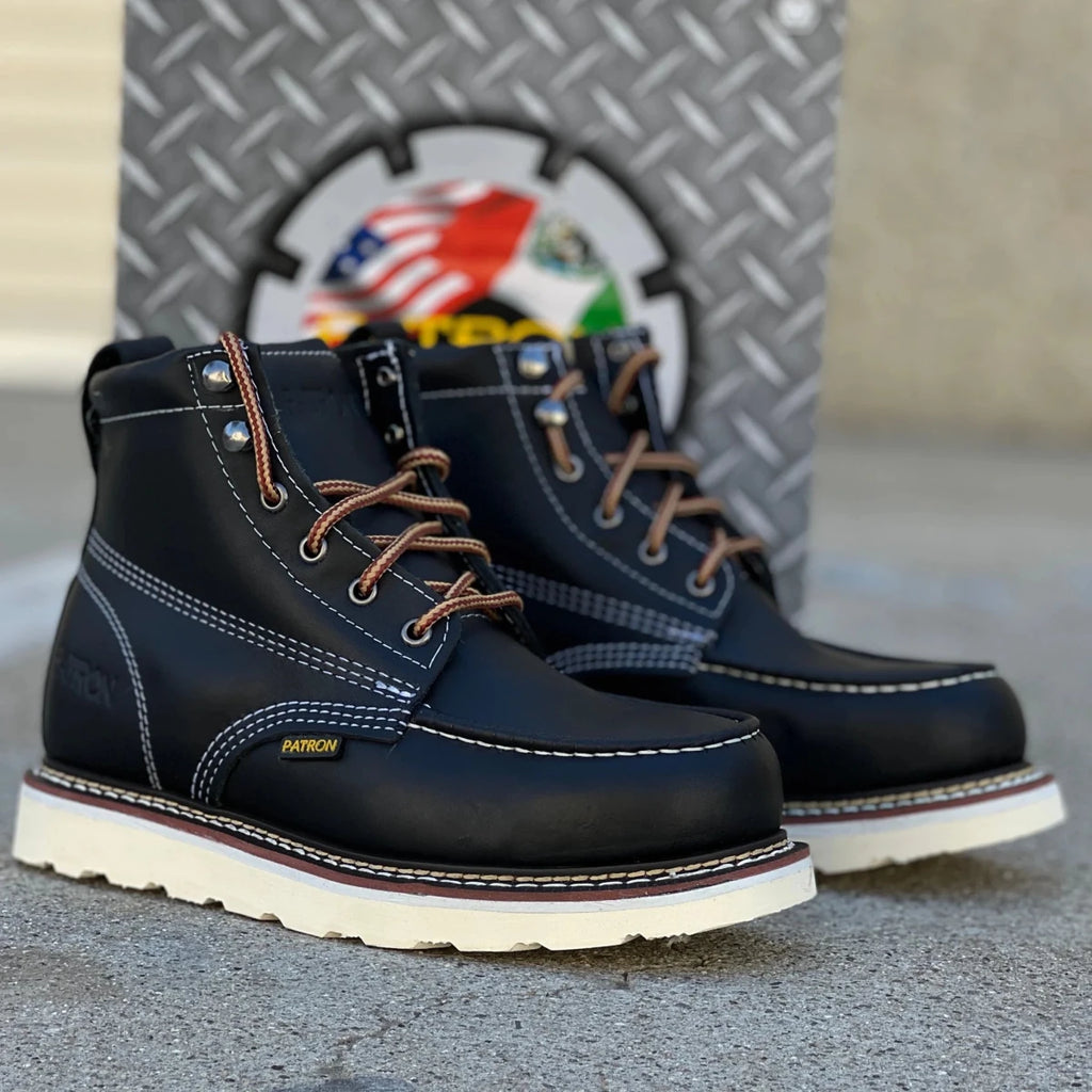 Patron Men’s Lace-Up Work Boots, Leather with Wedge Sole, Moc Toe - Black - OriginalWestern.com