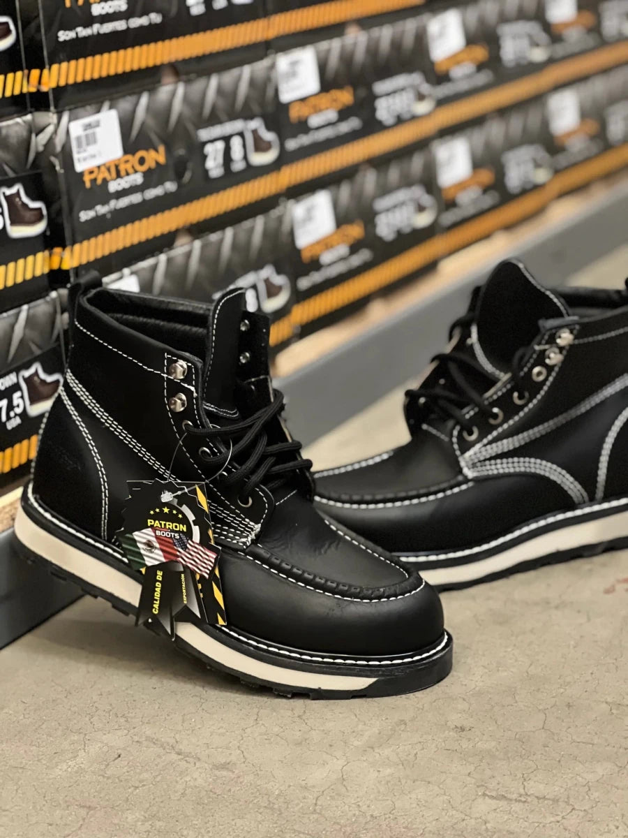 Patron Men’s Lace-Up Work Boots, Leather with Wedge Sole, Moc Toe - Black - OriginalWestern.com