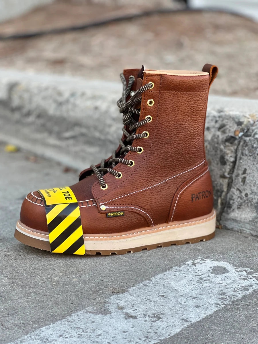 Patron Men’s Lace-Up Work Boots, Oiled Leather with Steel Toe and Wedge Sole, Moc Steel Toe - Light Brown - OriginalWestern.com