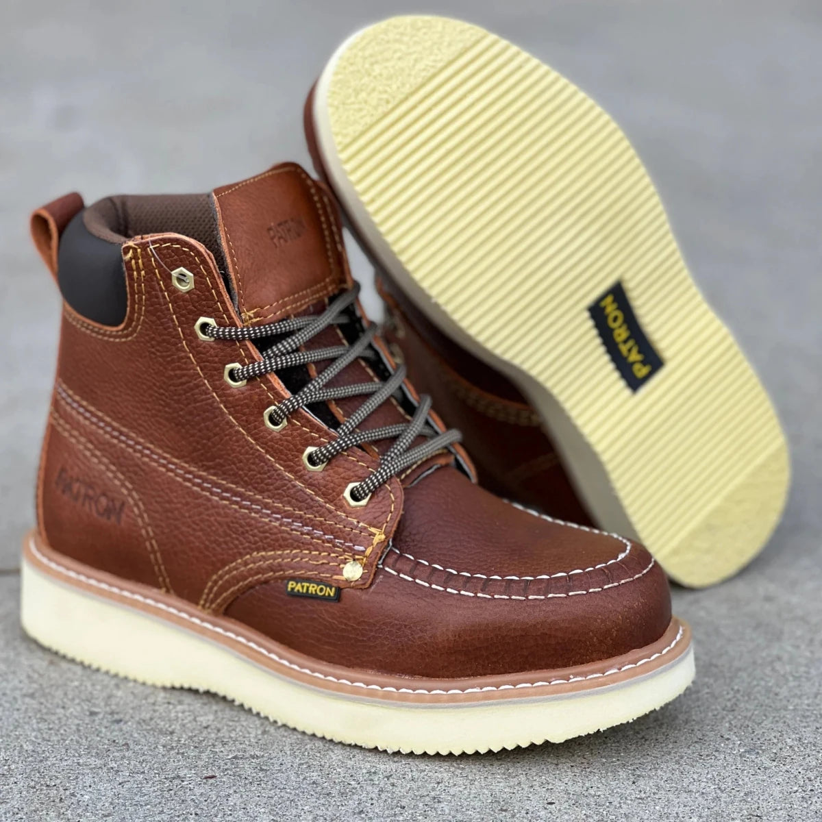 Patron Men’s Lace-Up Work Boots, Pebbled Leather with Cream Wedge Sole, Moc Toe - Light Brown - OriginalWestern.com