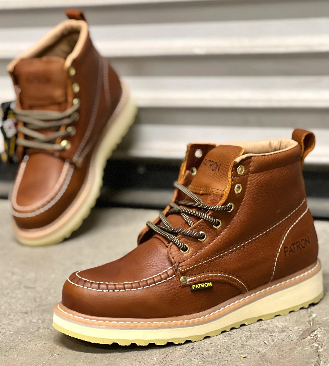 Patron Men’s Lace-Up Work Boots, Pebbled Leather with Cream Wedge Sole, Moc Toe - Light Brown - OriginalWestern.com