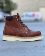 Patron Men’s Lace-Up Work Boots, Pebbled Leather with Cream Wedge Sole, Moc Toe - Light Brown - OriginalWestern.com