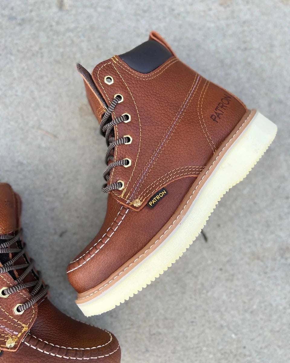 Patron Men’s Lace-Up Work Boots, Pebbled Leather with Cream Wedge Sole, Moc Toe - Light Brown - OriginalWestern.com