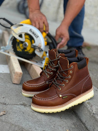 Patron Men’s Lace-Up Work Boots, Pebbled Leather with Cream Wedge Sole, Moc Toe - Light Brown - OriginalWestern.com