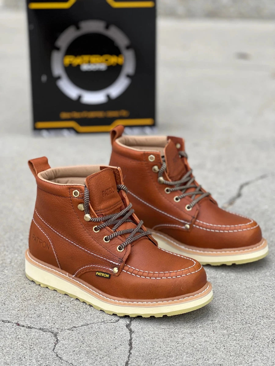 Patron Men’s Lace-Up Work Boots, Pebbled Leather with Cream Wedge Sole, Moc Toe - Light Brown - OriginalWestern.com