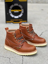 Patron Men’s Lace-Up Work Boots, Pebbled Leather with Cream Wedge Sole, Moc Toe - Light Brown - OriginalWestern.com