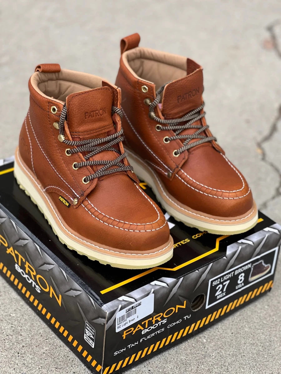 Patron Men’s Lace-Up Work Boots, Pebbled Leather with Cream Wedge Sole, Moc Toe - Light Brown - OriginalWestern.com
