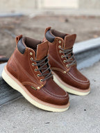 Patron Men’s Lace-Up Work Boots, Pebbled Leather with Cream Wedge Sole, Moc Toe - Light Brown - OriginalWestern.com