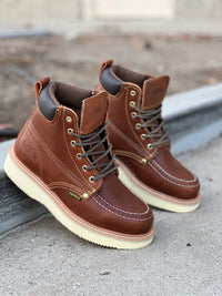Patron Men’s Lace-Up Work Boots, Pebbled Leather with Cream Wedge Sole, Moc Toe - Light Brown - OriginalWestern.com
