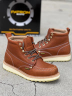 Patron Men’s Lace-Up Work Boots, Pebbled Leather with Cream Wedge Sole, Moc Toe - Light Brown - OriginalWestern.com