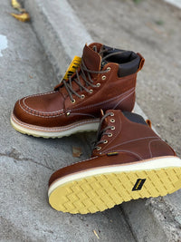 Patron Men’s Lace-Up Work Boots, Pebbled Leather with Cream Wedge Sole, Moc Toe - Light Brown - OriginalWestern.com