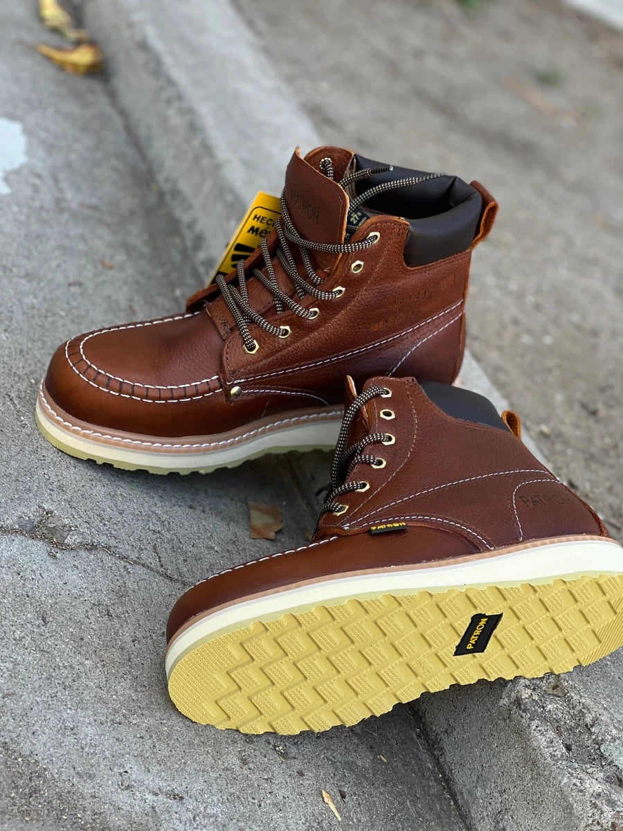 Patron Men’s Lace-Up Work Boots, Pebbled Leather with Cream Wedge Sole, Moc Toe - Light Brown - OriginalWestern.com