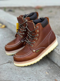 Patron Men’s Lace-Up Work Boots, Pebbled Leather with Cream Wedge Sole, Moc Toe - Light Brown - OriginalWestern.com