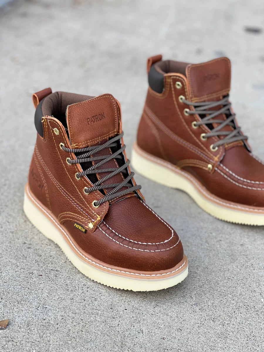 Patron Men’s Lace-Up Work Boots, Pebbled Leather with Cream Wedge Sole, Moc Toe - Light Brown - OriginalWestern.com