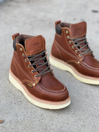 Patron Men’s Lace-Up Work Boots, Pebbled Leather with Cream Wedge Sole, Moc Toe - Light Brown - OriginalWestern.com
