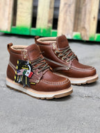 Patron Men’s Lace-Up Work Boots, Pebbled Leather with Tan Wedge Sole, Moc Toe - Light Brown - OriginalWestern.com