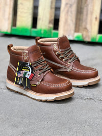 Patron Men’s Lace-Up Work Boots, Pebbled Leather with Tan Wedge Sole, Moc Toe - Light Brown - OriginalWestern.com