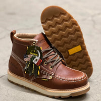 Patron Men’s Lace-Up Work Boots, Pebbled Leather with Tan Wedge Sole, Moc Toe - Light Brown - OriginalWestern.com