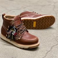 Patron Men’s Lace-Up Work Boots, Pebbled Leather with Tan Wedge Sole, Moc Toe - Light Brown - OriginalWestern.com