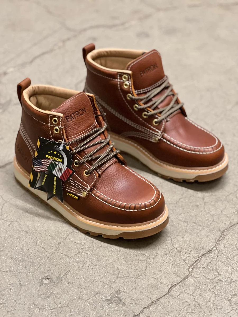 Patron Men’s Lace-Up Work Boots, Pebbled Leather with Tan Wedge Sole, Moc Toe - Light Brown - OriginalWestern.com