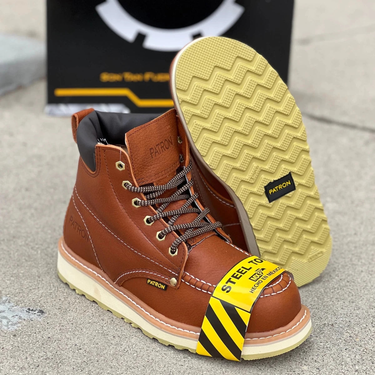 Patron Men’s Lace-Up Work Boots, Pebbled Leather with Wedge Sole, Moc Steel Toe - Light Brown - OriginalWestern.com