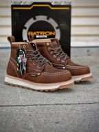 Patron Men’s Lace-Up Work Boots, Pebbled Leather with Wedge Sole, Moc Toe - Dark Brown - OriginalWestern.com