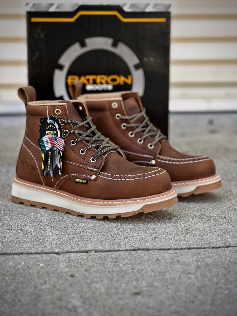 Patron Men’s Lace-Up Work Boots, Pebbled Leather with Wedge Sole, Moc Toe - Dark Brown - OriginalWestern.com