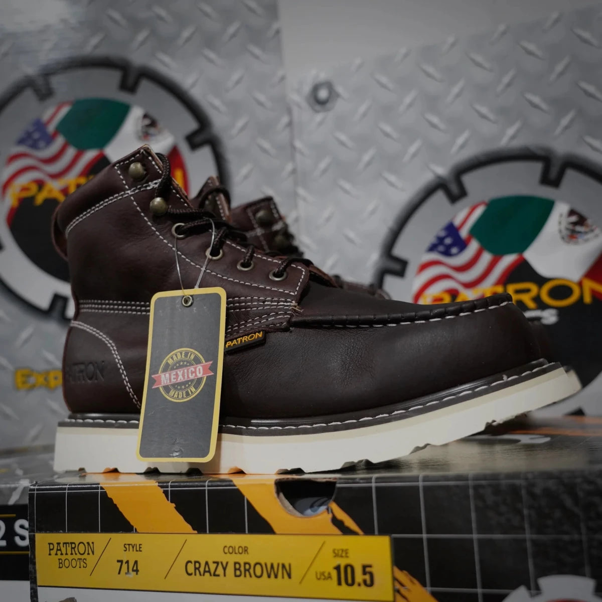 Patron Men’s Lace-Up Work Boots, Pebbled Leather with Wedge Sole, Moc Toe - Dark Brown - OriginalWestern.com