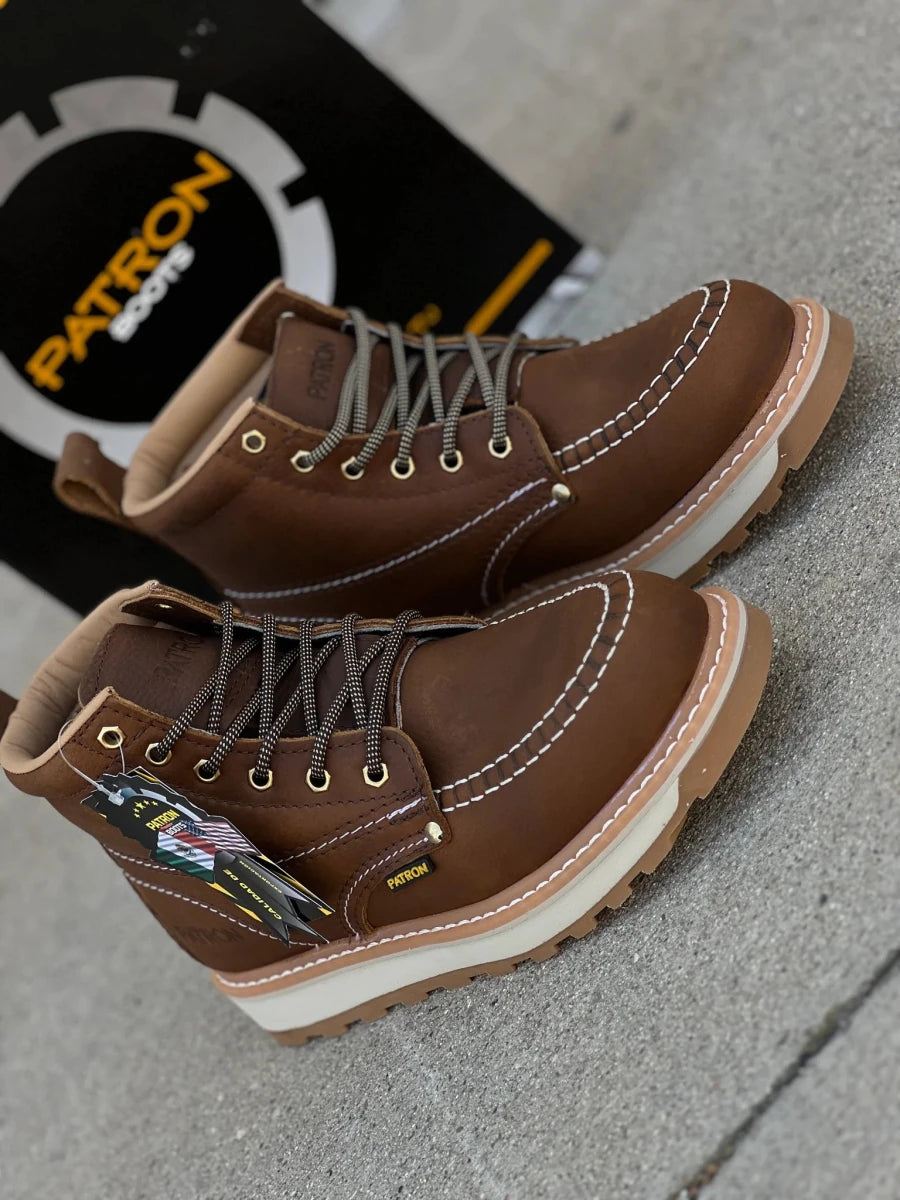 Patron Men’s Lace-Up Work Boots, Pebbled Leather with Wedge Sole, Moc Toe - Dark Brown - OriginalWestern.com