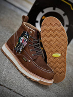 Patron Men’s Lace-Up Work Boots, Pebbled Leather with Wedge Sole, Moc Toe - Dark Brown - OriginalWestern.com