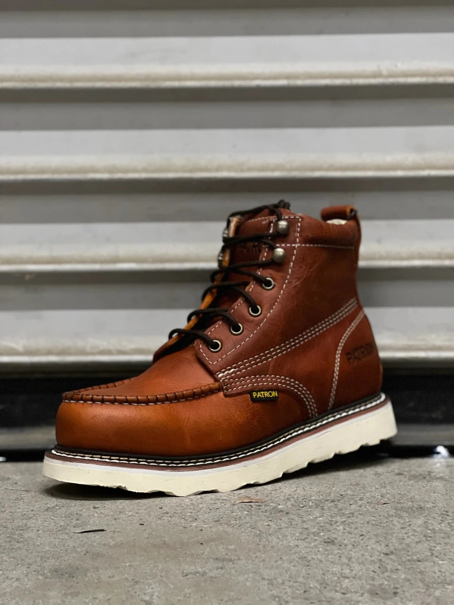 Patron Men’s Lace-Up Work Boots, Pebbled Leather with Wedge Sole, Moc Toe - Light Brown - OriginalWestern.com