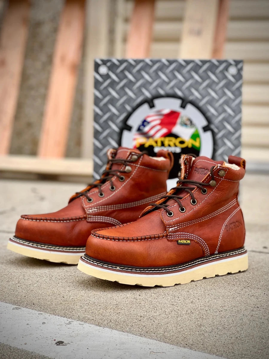 Patron Men’s Lace-Up Work Boots, Pebbled Leather with Wedge Sole, Moc Toe - Light Brown - OriginalWestern.com
