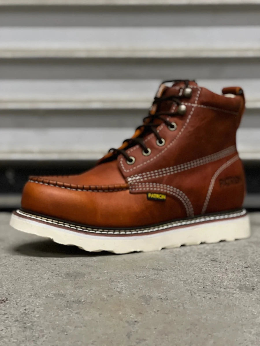 Patron Men’s Lace-Up Work Boots, Pebbled Leather with Wedge Sole, Moc Toe - Light Brown - OriginalWestern.com