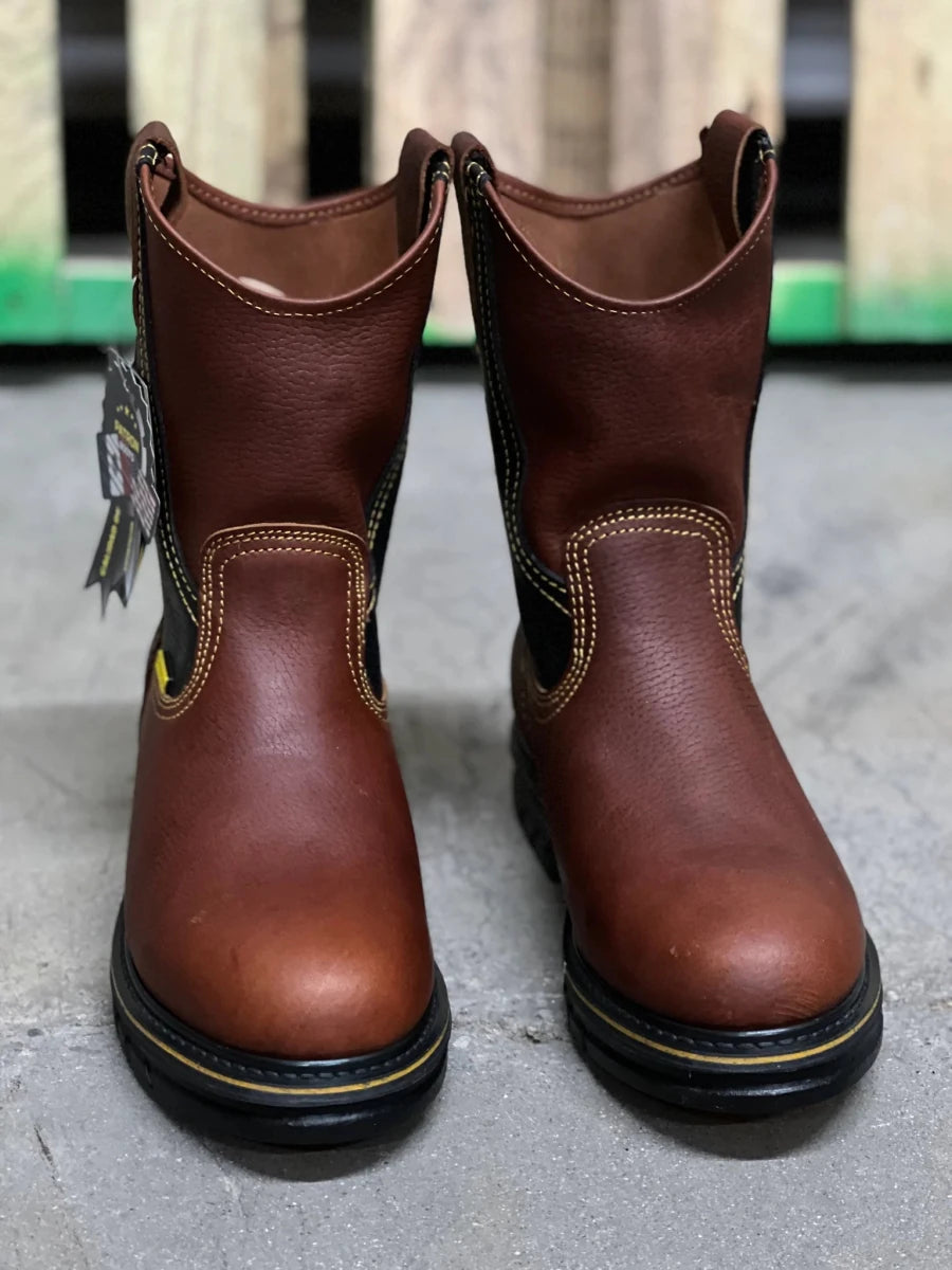 Patron Men’s Pull-On Work Boots, Leather with Black Rubber Sole, Round Toe - Oak Brown - OriginalWestern.com
