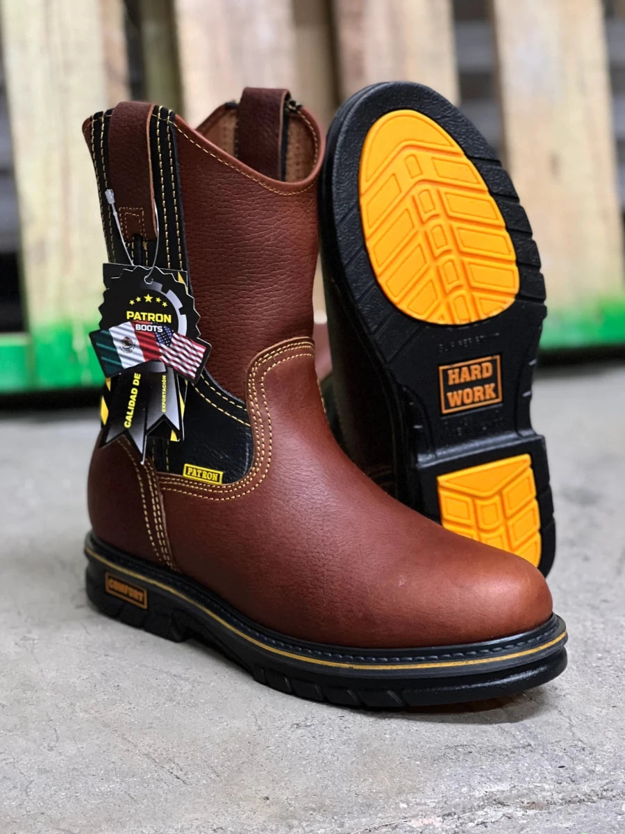 Patron Men’s Pull-On Work Boots, Leather with Black Rubber Sole, Round Toe - Oak Brown - OriginalWestern.com
