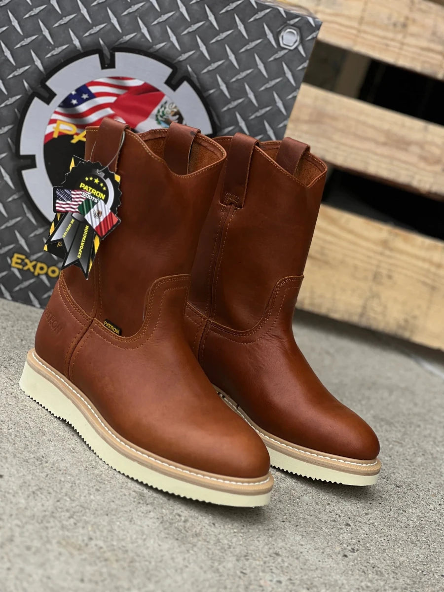 Patron Men’s Pull-On Work Boots, Leather with Cream Wedge Sole, Round Toe - Amber - OriginalWestern.com