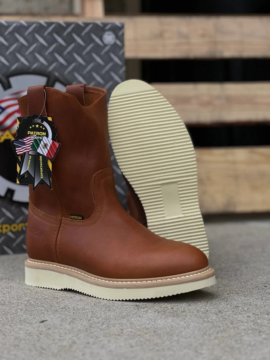 Patron Men’s Pull-On Work Boots, Leather with Cream Wedge Sole, Round Toe - Amber - OriginalWestern.com
